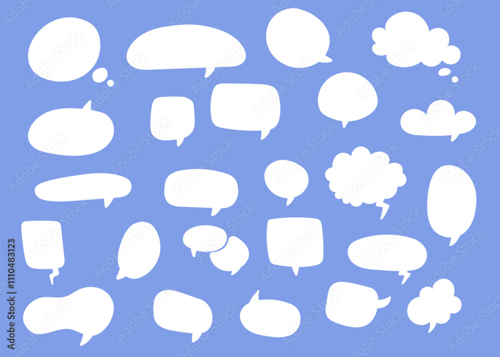 Speech bubbles set. Blank simple vector white speech bubbles on blue background. Hand drawn Speech bubbles set. Blank simple vector white speech bubbles on blue background. Hand drawn