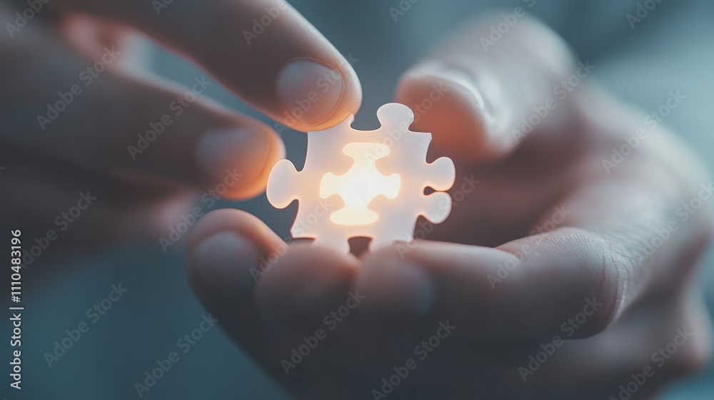 Hands Holding a Glowing 3D Puzzle Piece in Soft Light to Symbolize Creativity and Problem Solving Hands Holding a Glowing 3D Puzzle Piece in Soft Light to Symbolize Creativity and Problem Solving