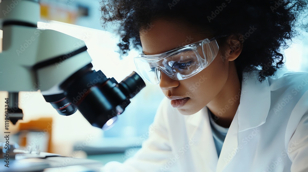 A scientist looks through a microscope in a lab. A scientist looks through a microscope in a lab.