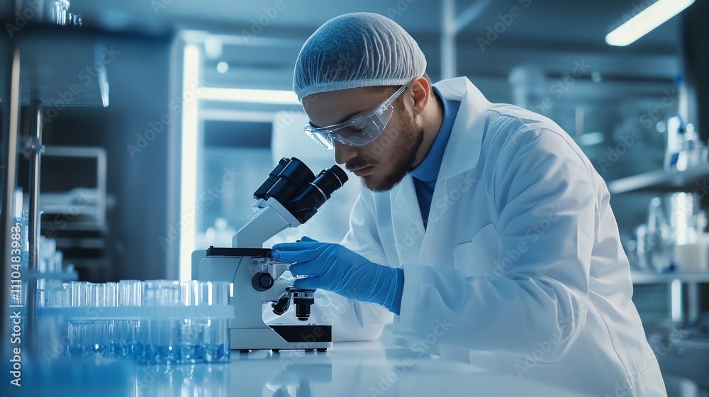 A scientist in a lab coat and safety glasses examines a sample under a microscope. A scientist in a lab coat and safety glasses examines a sample under a microscope.
