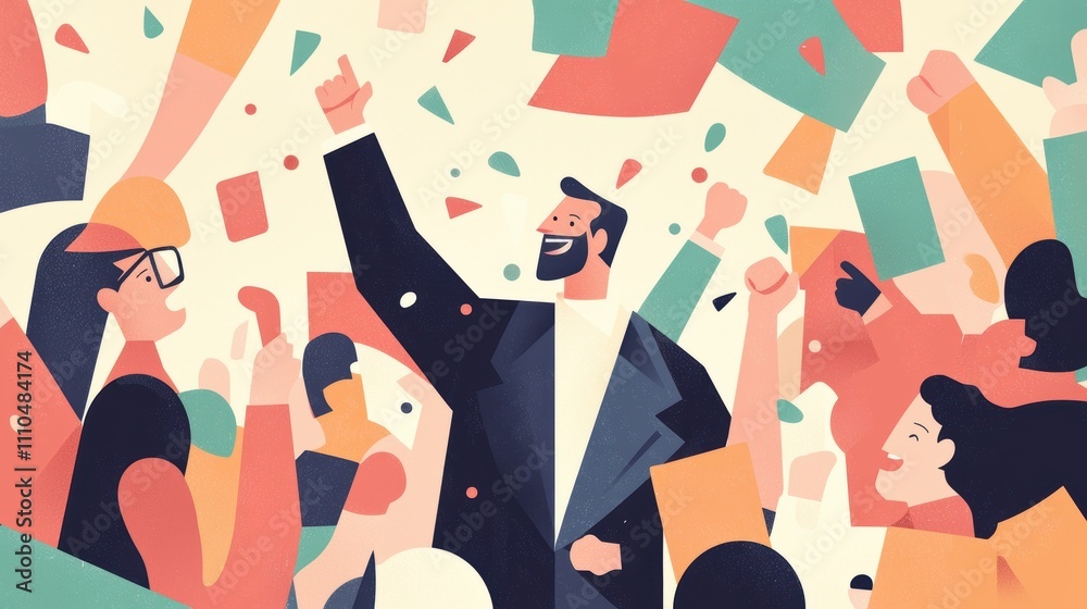 Enthusiastic Leader Celebrating Success with a Crowd of Supporters in a Colorful Environment