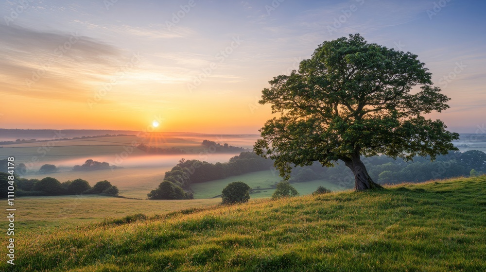Fototapeta premium Misty Sunrise Over Scenic Countryside Landscape with Tree