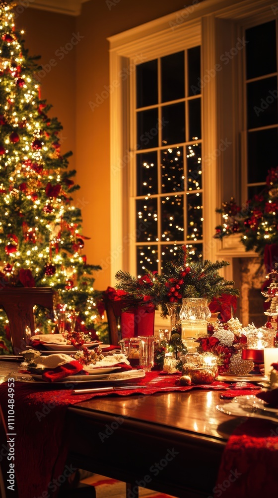 Traditional holiday table setting with fireplace and christmas tree Traditional holiday table setting with fireplace and christmas tree