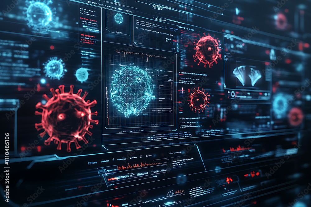 Digital interface displaying virus data and analysis visuals. Digital interface displaying virus data and analysis visuals.