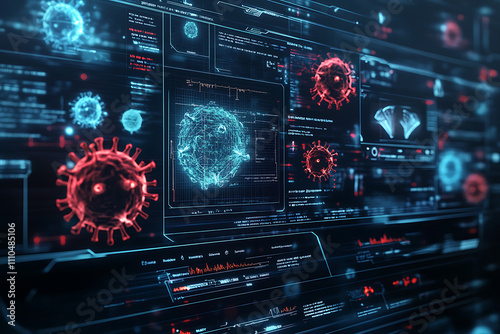 Digital interface displaying virus data and analysis visuals.