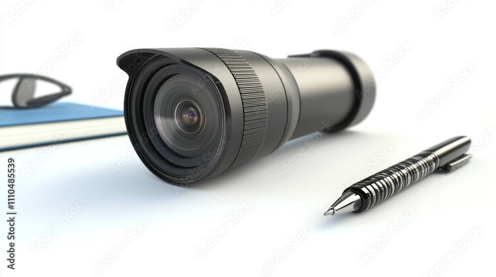 Minimalist Office Accessory with Camera Lens and Stationery Items Minimalist Office Accessory with Camera Lens and Stationery Items