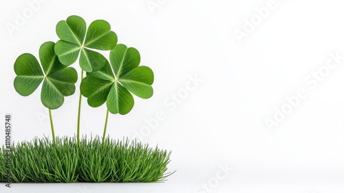 A photostock of a fresh green clover with four leaves, symbolizing good luck, isolated on a clean white background. High Quality