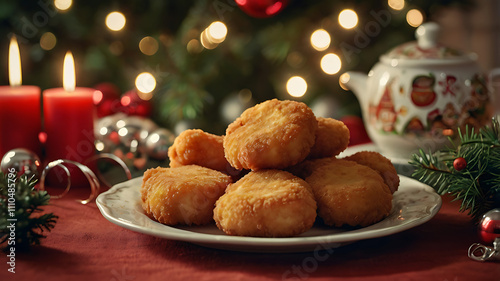 Golden-brown breaded cheese nuggets on a plate, Christmas setting. photo