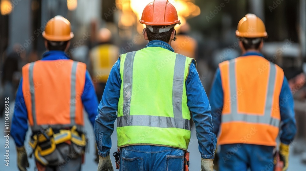 Workers in Safety Gear Walking on Construction Site During Sunset, Featuring Bright Vests and Hard Hats, Demonstrating Teamwork and Construction Industry Environment Workers in Safety Gear Walking on Construction Site During Sunset, Featuring Bright Vests and Hard Hats, Demonstrating Teamwork and Construction Industry Environment