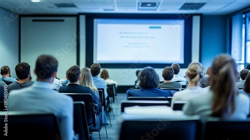 Corporate training session in meeting room,business people seated and attentive,presentation.