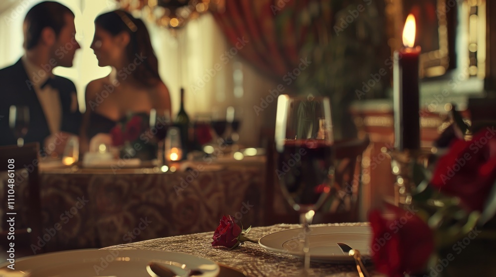 Romantic Valentine's day dinner date in a luxury restaurant, red roses and wine on the table, Romantic Valentine's day dinner date in a luxury restaurant, red roses and wine on the table,