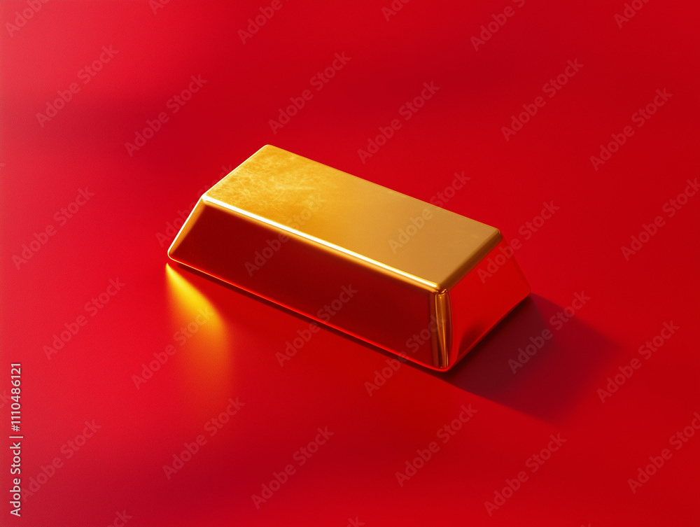 A gold ingot placed alone in the center of a red background, with subtle shadows to emphasize the object’s contours A gold ingot placed alone in the center of a red background, with subtle shadows to emphasize the object’s contours