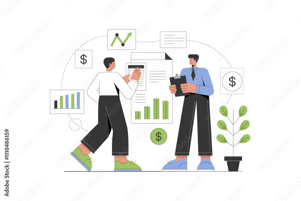 Two businessmen analyzing financial data and graphs collaborating on project strategies and growth. Two businessmen analyzing financial data and graphs collaborating on project strategies and growth.