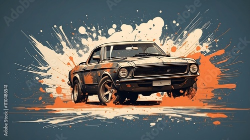 Concept sports car - colorful abstract 3D photo. Well decorative painting wall with vintage car.