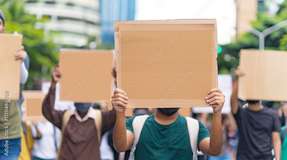 Group of people holding blank signs in peaceful protest, unified stance and determination, ample copy space for text or design. Group of people holding blank signs in peaceful protest, unified stance and determination, ample copy space for text or design.