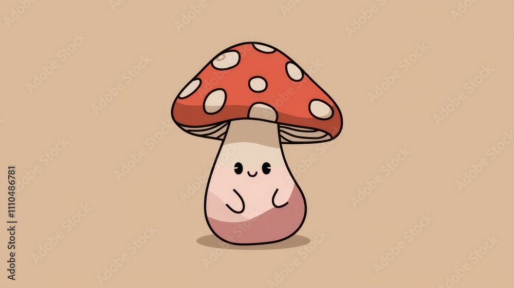 Adorable cartoon mushroom with a smiling face red cap and white spots. Adorable cartoon mushroom with a smiling face red cap and white spots.