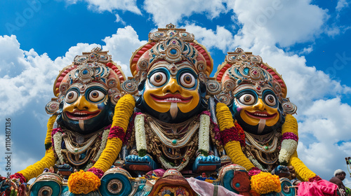 Shree Jagannath Festival, statues of deities Jagannath, Balabhadra, and Subhadra placed on a beautifully decorated chariot, background of blue sky, Ai generated images photo