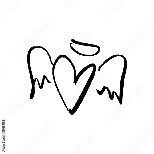 Black grunge brush vector hand drawn symbol cute heart with wings and nimbus illustration clip-art winged angel. Love Valentine symbol. Decor element for logo, label, emblem, poster, postcard, nail