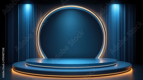 Futuristic Stage Platform with Blue Lighting and Circular Arch for Presentations, Events, and Multimedia Showcases in Modern Design Aesthetic