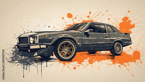 Concept sports car - colorful abstract 3D photo. Well decorative painting wall with black classic car.