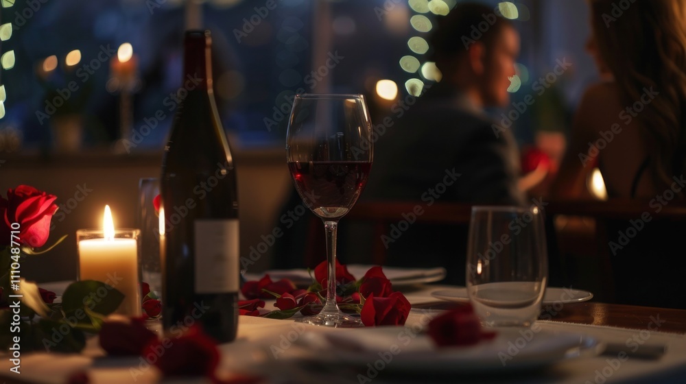Romantic Valentine's day dinner date in a luxury restaurant, red roses and wine on the table, Romantic Valentine's day dinner date in a luxury restaurant, red roses and wine on the table,