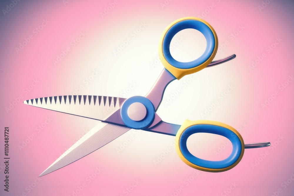 A pair of sharp scissors with blue and yellow handles isolated on a pink background. A pair of sharp scissors with blue and yellow handles isolated on a pink background.