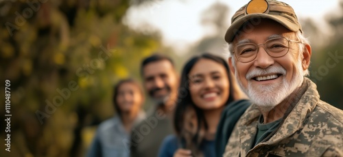 Smiling elderly man in military attire, group of friends outdoors, warm atmosphere, nature background, joyful expressions, copy space for text