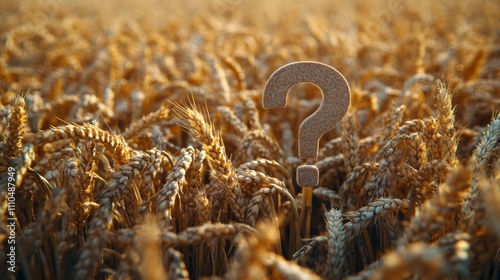 Golden wheat field with large question mark sculpture catching sunlight. Mystery in nature, agricultural symbolism, creative design, conceptual art, rural landscape. photo