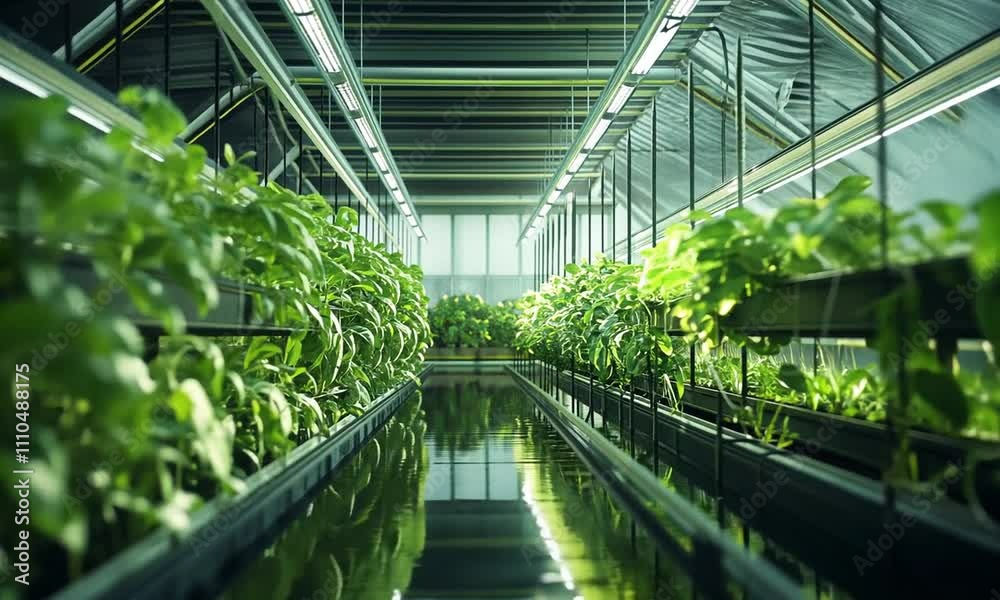 Lush Indoor Hydroponic Farm with Rows of Green Leafy Plants and Water Channel Lush Indoor Hydroponic Farm with Rows of Green Leafy Plants and Water Channel