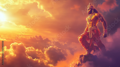 illustration of Hanuman Jayanti carrying a mountain with one hand amidst shining clouds, Ai generated images photo