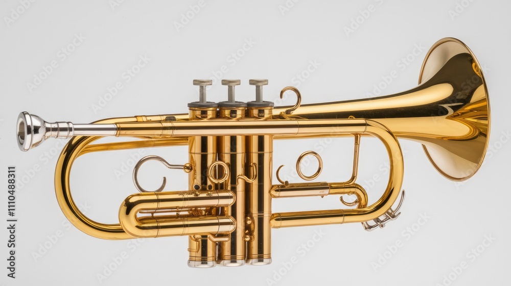 Obraz premium A gleaming golden trumpet a brass instrument used in orchestras and bands ready to play.