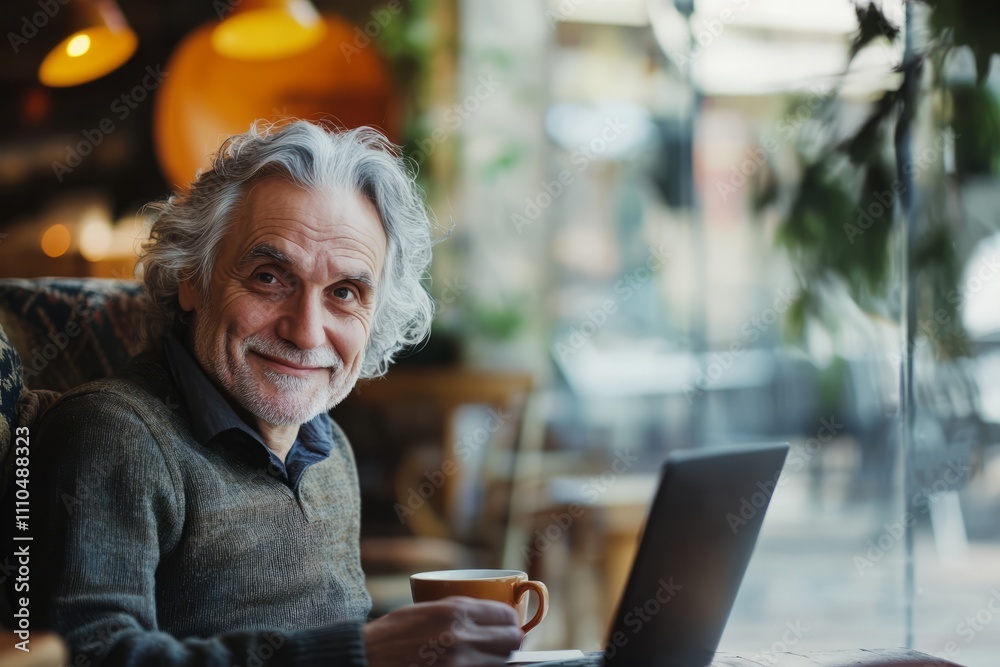 Happy senior man working remotely using laptop in cafe, enjoying cup of coffee and smiling
Happy senior man working remotely using laptop in cafe, enjoying cup of coffee and smiling