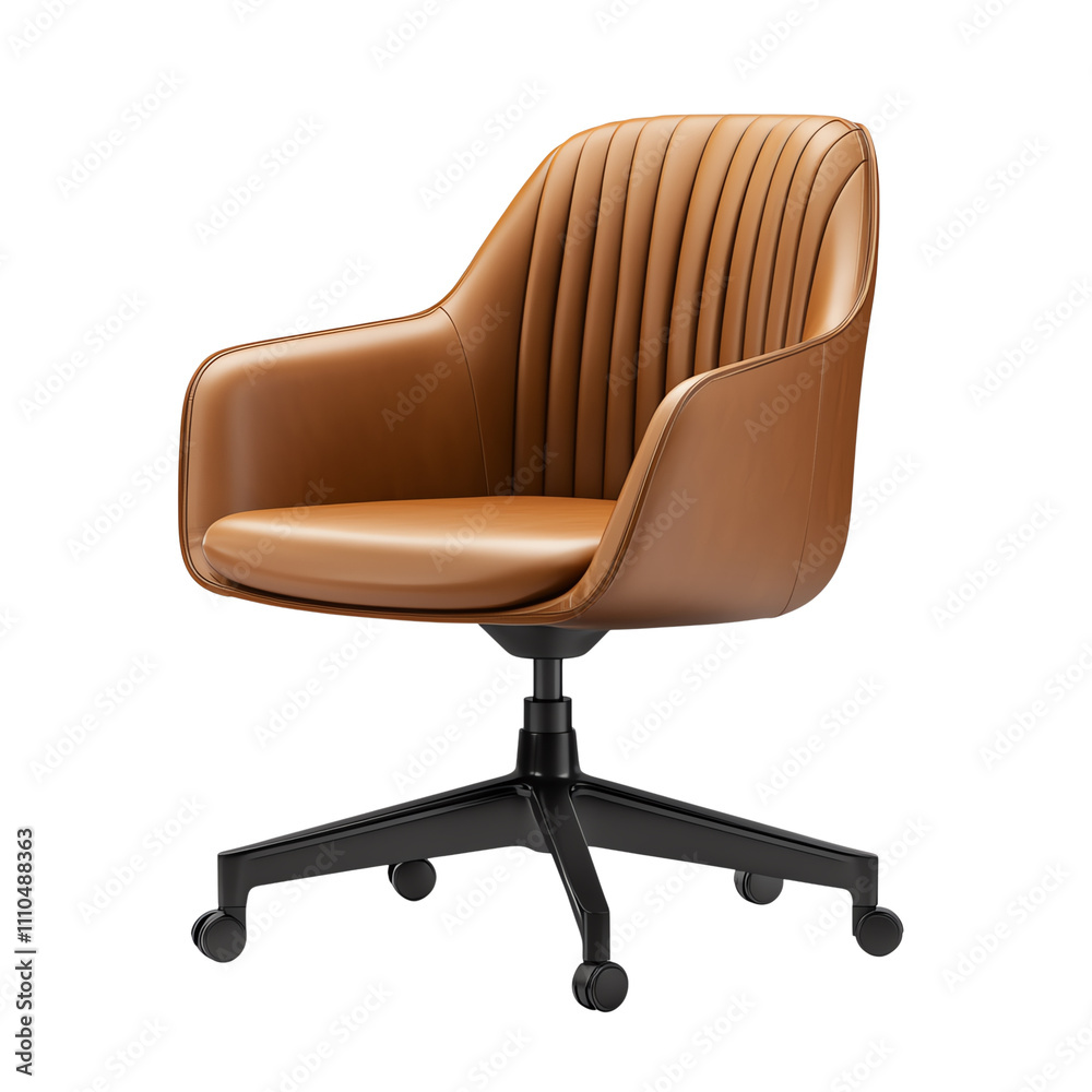 A stylish, ergonomic chair with a sleek design, featuring ribbed upholstery in a warm brown color, mounted on a sturdy swivel base. A stylish, ergonomic chair with a sleek design, featuring ribbed upholstery in a warm brown color, mounted on a sturdy swivel base.
