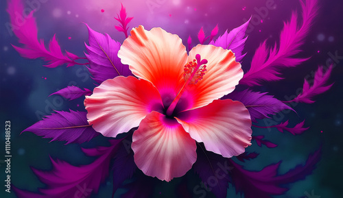 Vibrant image of a white hibiscus flower with a red center. The flower is surrounded by dark purple and red leaves, creating a fabulous scene with a touch of glitter.
