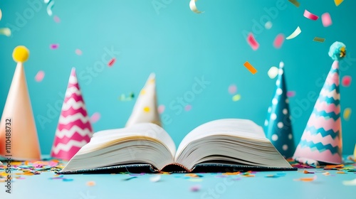 Open book with party hats and confetti.