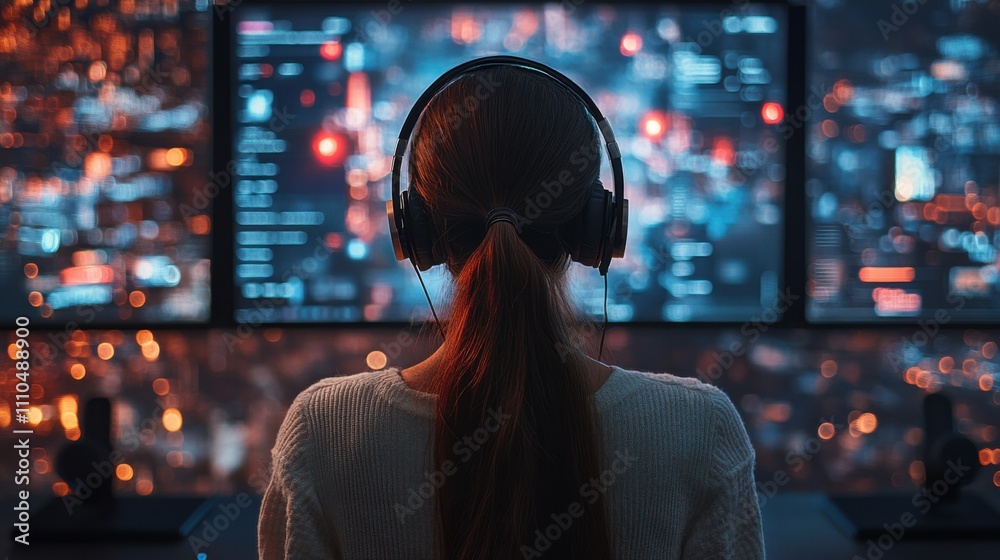 Woman wearing headphones, back view, working at a computer with glowing screens in a dark room. Cyber technology, gaming, focus, innovation, tech setup. Woman wearing headphones, back view, working at a computer with glowing screens in a dark room. Cyber technology, gaming, focus, innovation, tech setup.