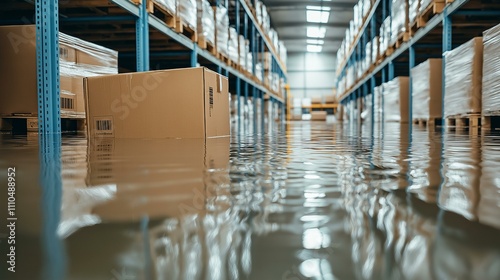 Flooded warehouse with waterlogged boxes and shelves, illustrating disaster's impact on storage facilities. photo