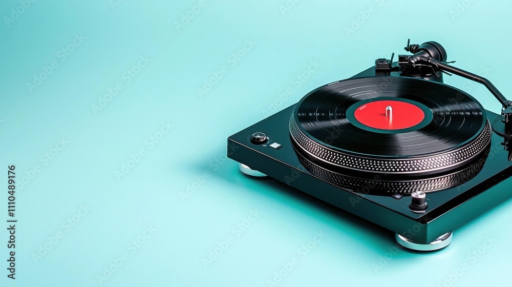 A photostock of a retro vinyl record turntable in sleek black, placed on a clean white background for music-themed projects. High Quality A photostock of a retro vinyl record turntable in sleek black, placed on a clean white background for music-themed projects. High Quality