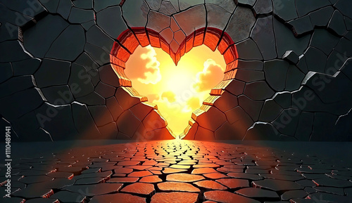 Heart-shaped hole in a cracked concrete wall, revealing a vibrant sunset sky. The image symbolizes hope, strength, and the power of love to break through adversity.