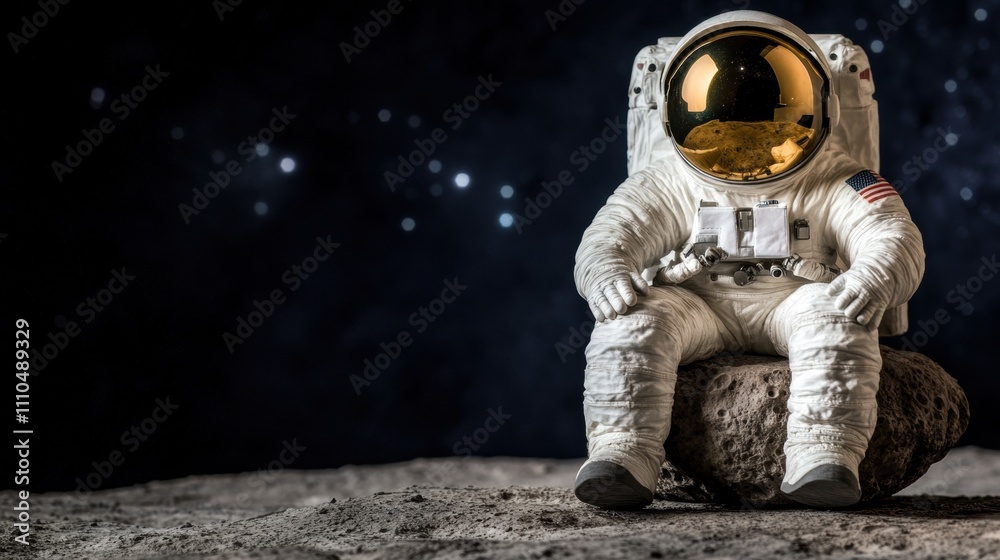 Astronaut Sitting on Moon Rock Under Starry Night Sky in Space Environment with Realistic Space Suit and Distinctive Helmet Reflection Astronaut Sitting on Moon Rock Under Starry Night Sky in Space Environment with Realistic Space Suit and Distinctive Helmet Reflection