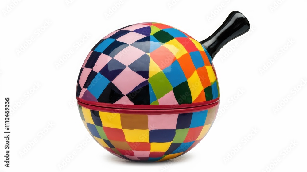 Obraz premium A colorful spherical container with a handle featuring a geometric patchwork design.
