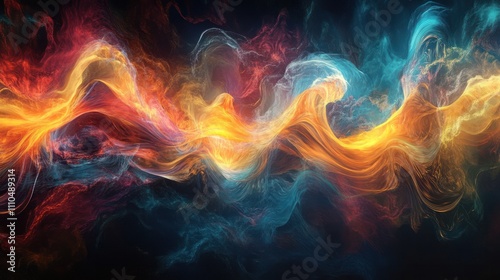 flame, where flowing waves of color converge and diverge, creating a sense of depth and motion. The background is a rich,