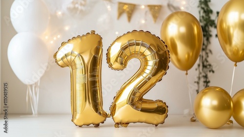 Golden balloons form the number 12, set against a festive backdrop with strings of lights and decorations. photo