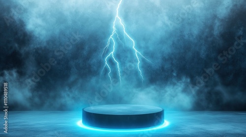 Abstract blue background with a podium and lightning bolt for a product presentation