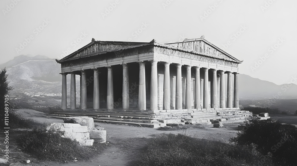 Obraz premium Black and white photo of an old greek temple, historic architecture of ancient greece
