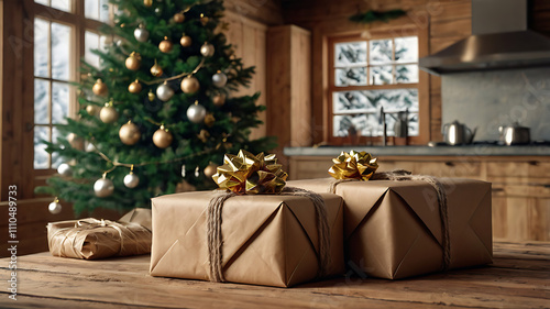 Rustic Christmas scene presents on wooden table, decorated tree, snowy window view. photo