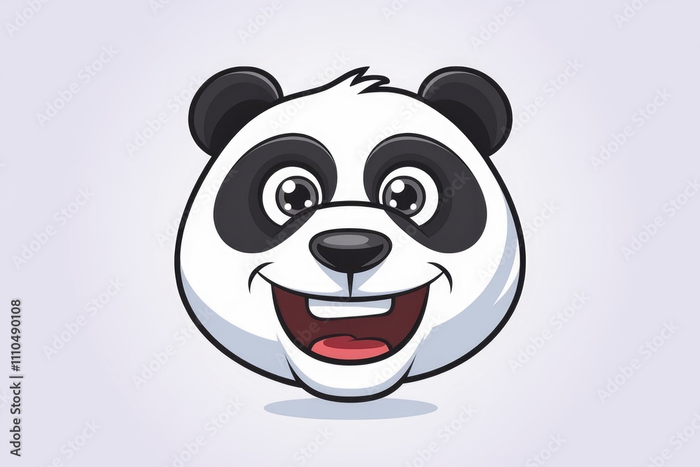 A cheerful cartoon panda face with big eyes and a wide smile.