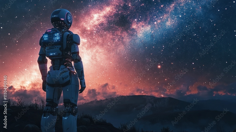 Robot gazing at starry sky with glowing galaxy in background. Futuristic AI technology, cosmic exploration, science fiction, night scene, artificial intelligence innovation.