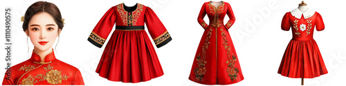 Chinese New Year festival and symbolism, A vibrant red dress featuring intricate embroidery and a stylish design, complemented by a traditional hairstyle.