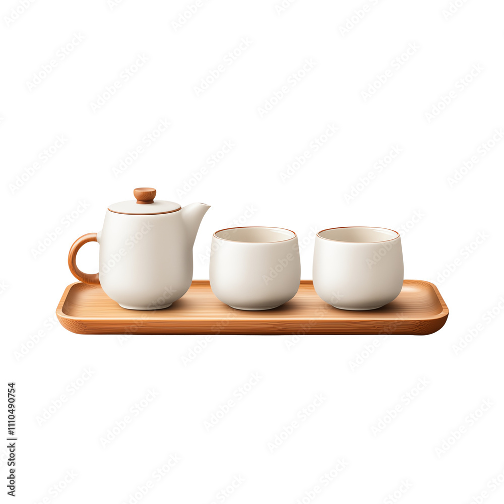 A simple ceramic teapot with two matching cups arranged on a wooden tray, creating an elegant tea set display. A simple ceramic teapot with two matching cups arranged on a wooden tray, creating an elegant tea set display.